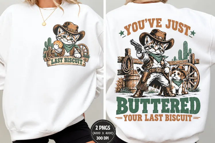 Last Biscuit Cat Front Back PNG, Cowboy Cat Chest Back Shirt