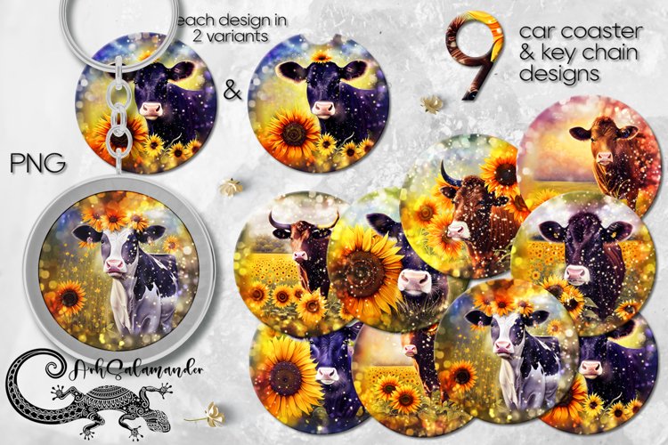 Cow & sunflower | Sublimation car coaster & key chain design example image 1