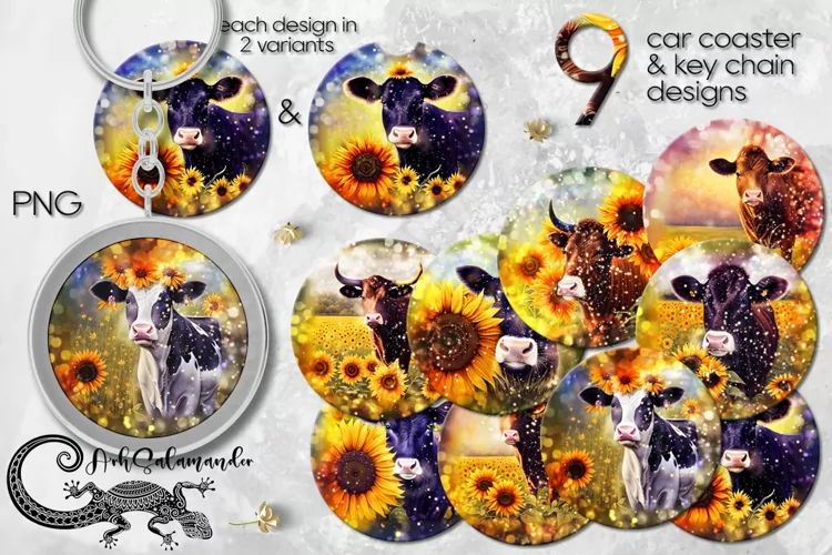 Cow & sunflower | Sublimation car coaster & key chain design