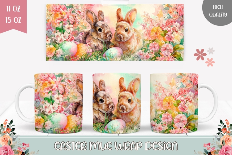 Floral Easter Mug Sublimation, Easter Bunnies Mug Design