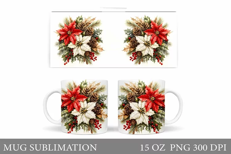 Poinsettia Mug Sublimation. Christmas Mug Design