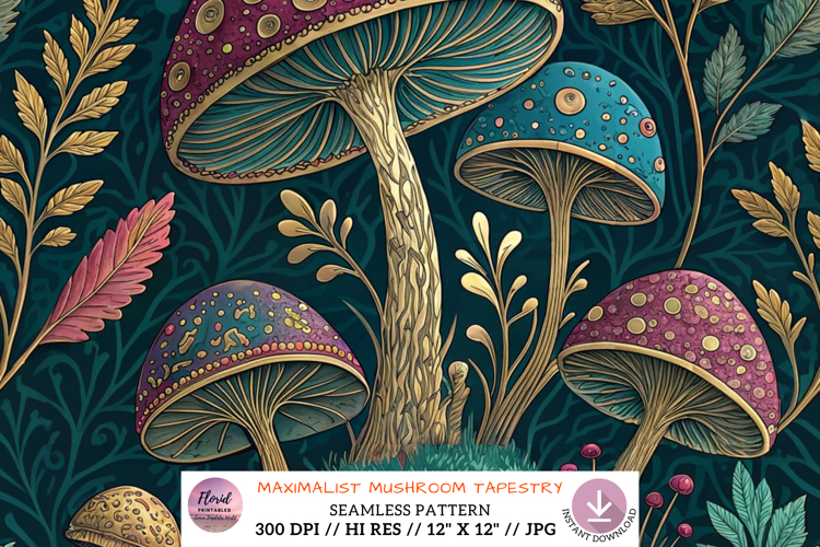 Maximalist Mushroom Tapestry Royal Pattern, Seamless Pattern