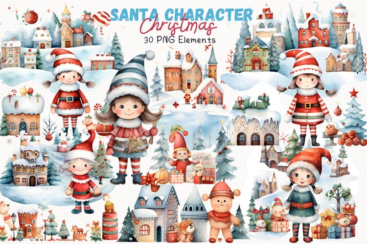 Santa Character Christmas Watercolor 30 Cliparts Collection