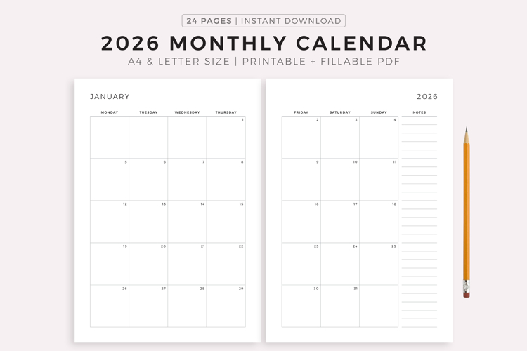 2026 Monthly Calendar on Two Pages with Notes, Printable