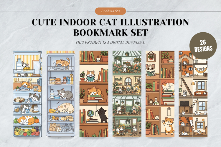 Cute Indoor Cat Illustration Bookmark Set,Cozy Kitty Art example image 1