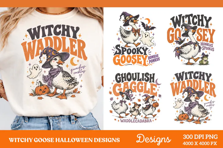 Witchy Waddler Goose Halloween PNG, Spooky Goose Witch Autum