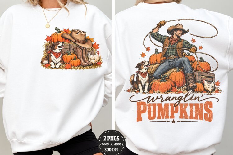 Wranglin Pumpkins Front Back PNG, Cowboy Fall Chest Back Shi example image 1