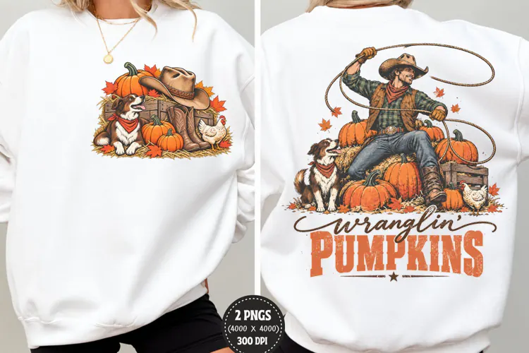 Wranglin Pumpkins Front Back PNG, Cowboy Fall Chest Back Shi