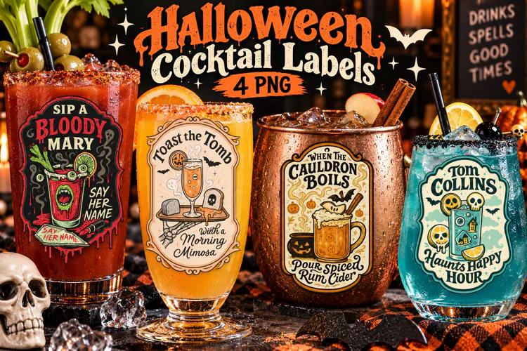 Halloween Cocktail PNG, Bloody Mary & Spiced Cider Labels