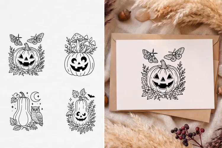 Cottagecore Halloween Pumpkin SVG, Floral Jack O Lantern