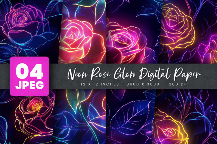 Neon Rose Glow Digital Paper example image 1