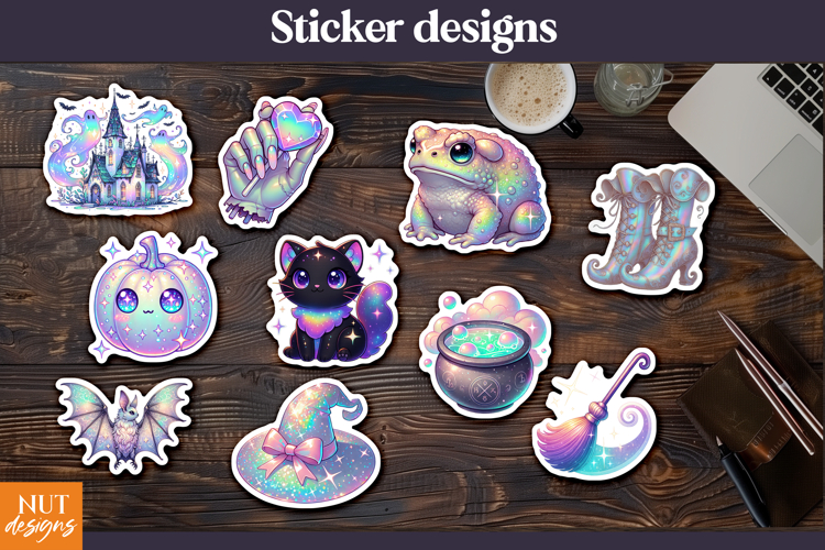 Cute Witchy Iridescent Halloween stickers printable