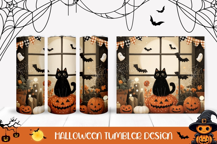 Bats Halloween Tumbler, Cartoon Black Cat Tumbler Wrap