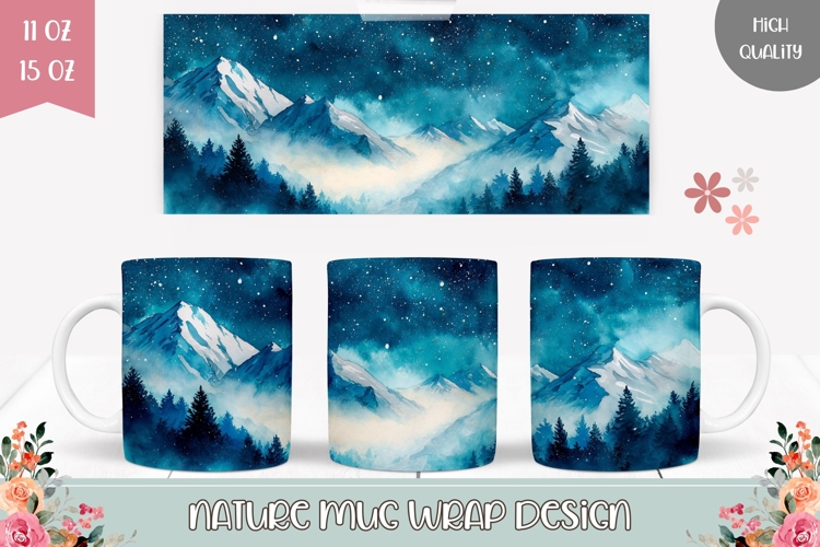 Watercolor Night Sky Mug Design, Forest Mug Template