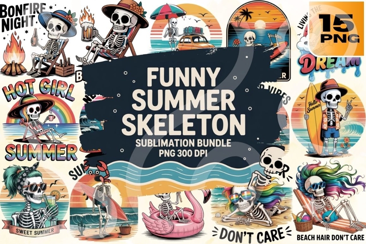 Funny Summer Skeleton PNG Bundle 15 Quirky Sublimation