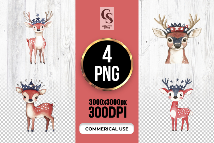Cute Patriotic Deer Watercolor Clipart PNG