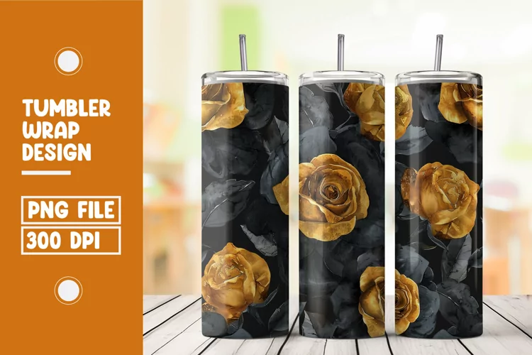 Black and golden roses watercolor tumbler wrap sublimation