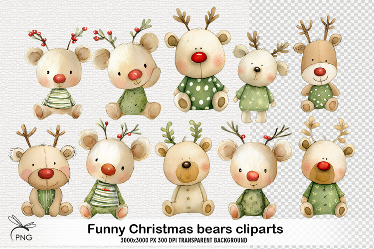 Funny Christmas bears cliparts - 10 Variations