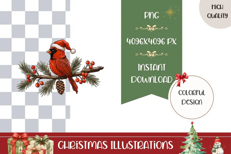 Cartoon Christmas Bird Illustration, Red Cardinal PNG