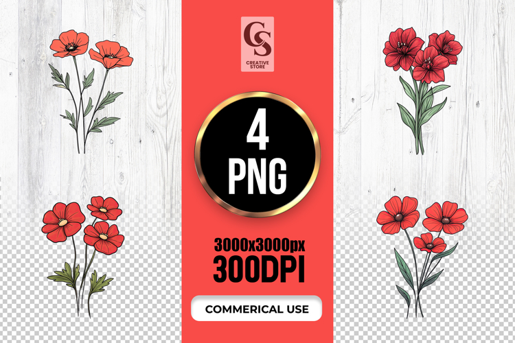 Red Poppy Flower Bouquet Clipart Sublimation PNG