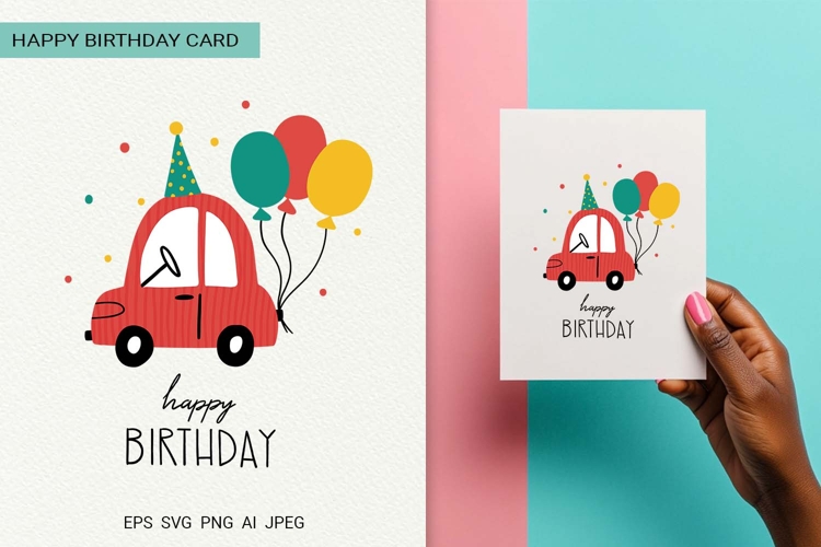 Kids Car Happy Birthday Card | EPS SVG PNG JPG AI