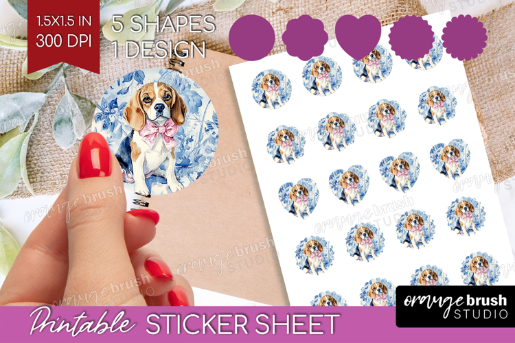 Beagle Dog Round Sticker Blue Toile Printable Sticker Sheet
