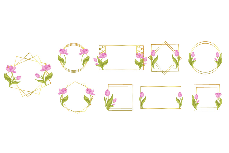 Set of golden frames with pink tulip flowers.