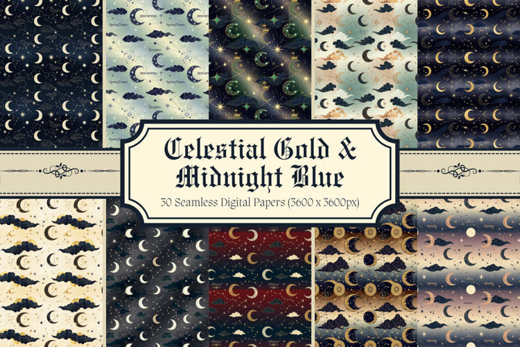 Celestial Gold & Midnight Blue Digital Paper,Gold Foil Moon