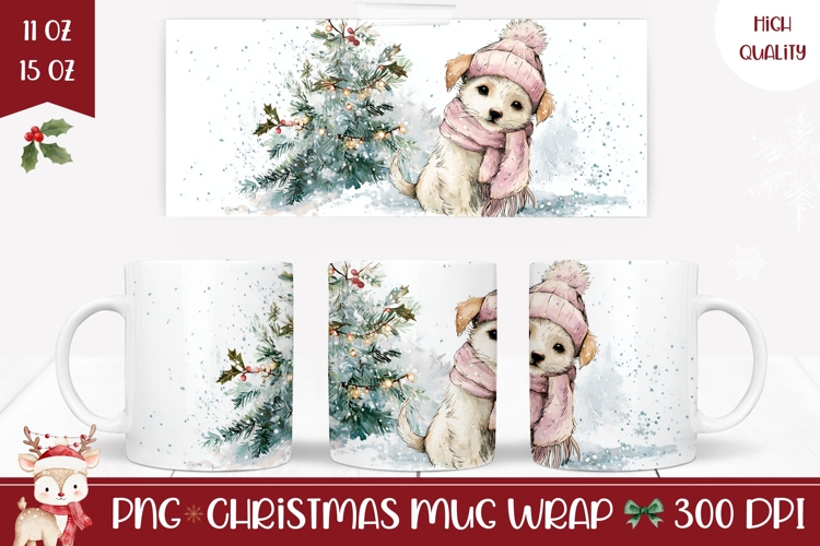 Watercolor Christmas Dog Mug Design, Winter Mug Sublimation