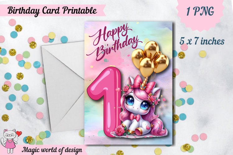 Unicorn 1th Happy Birthday Card, Printable png