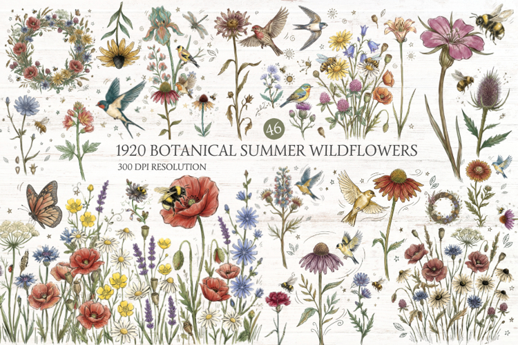 1920 Botanical Summer Wildflowers Clipart