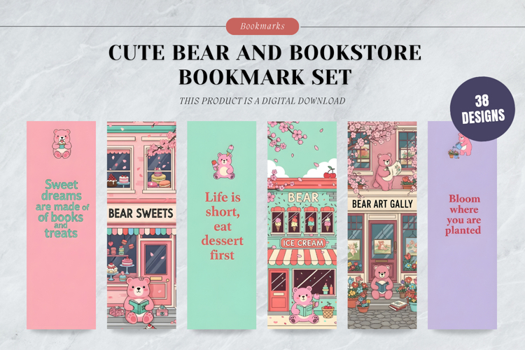 Cute Bear and Bookstore Bookmark Set,Cozy Bookshop Art