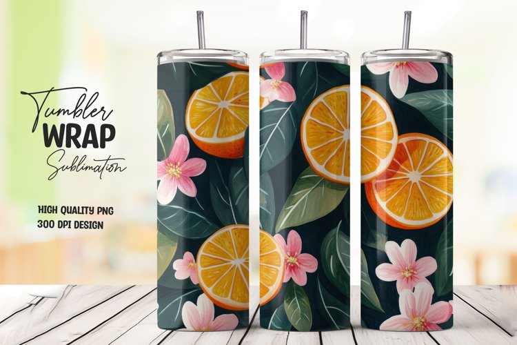 Orange with Leaves and Flowers Tumbler Wrap Sublimation example image 1