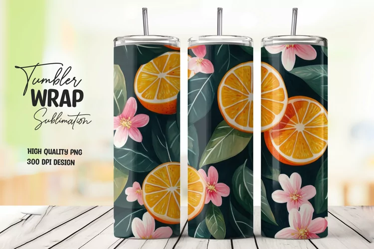 Orange with Leaves and Flowers Tumbler Wrap Sublimation
