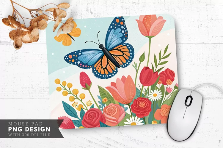 Butterfly and Floral Arrangement Mouse Pad PNG Design