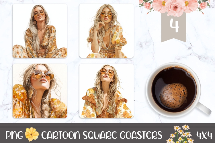 Summer Girl Square Coasters, Hippie Square Coaster Designs