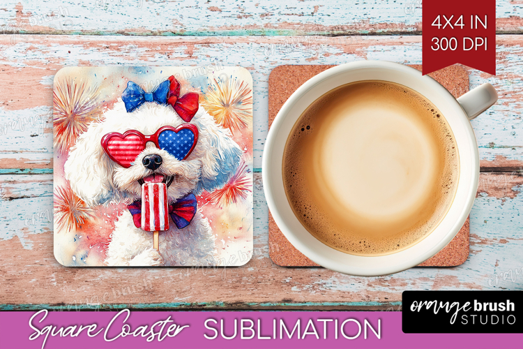 Bichon Frise Dog Square Coaster 4th Of July Coaster PNG