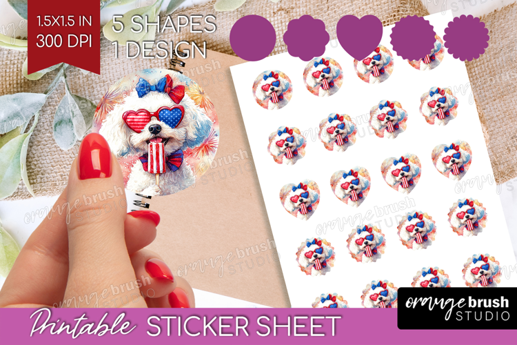 Bichon Frise Dog Round Sticker 4th Of July Printable Sticker