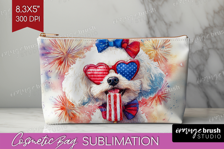 Bichon Frise Dog Cosmetic Bag 4th Of July Makeup Bag PNG