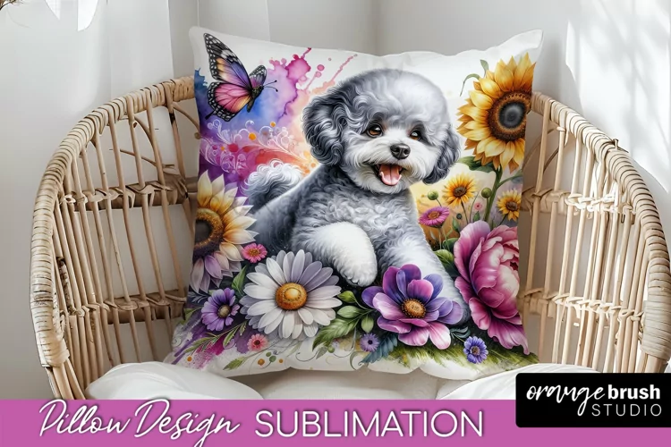 Bichon Frise Pillow Cover Dog Sublimation Floral PNG