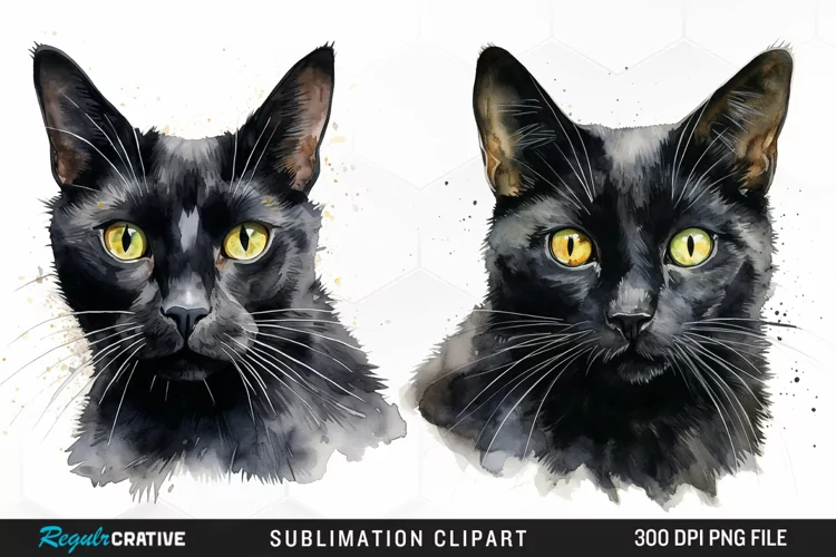 Watercolor Black Cats Sublimation PNG Clipart