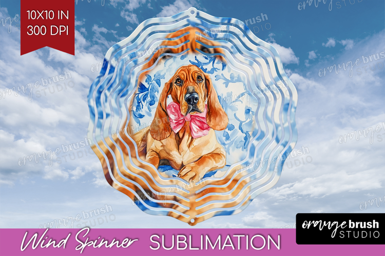 Bloodhound Dog Wind Spinner Sublimation PNG Blue Toile Round