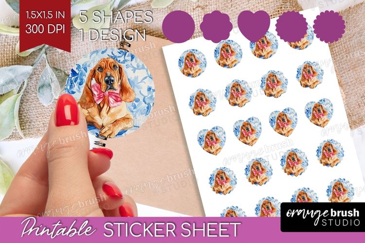 Bloodhound Dog Round Sticker Blue Toile Printable Sticker