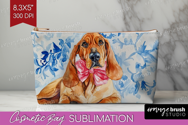 Bloodhound Dog Cosmetic Bag Blue Toile Makeup Bag PNG