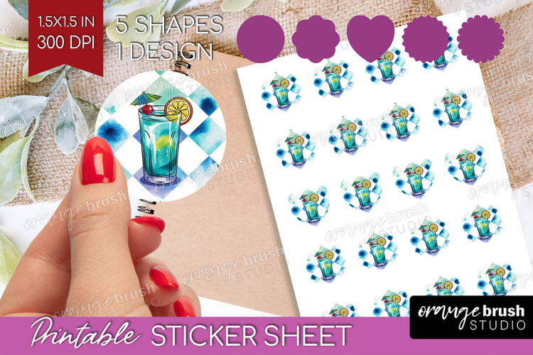 Blue Lagoon Cocktail Round Sticker Summer Drink Printable