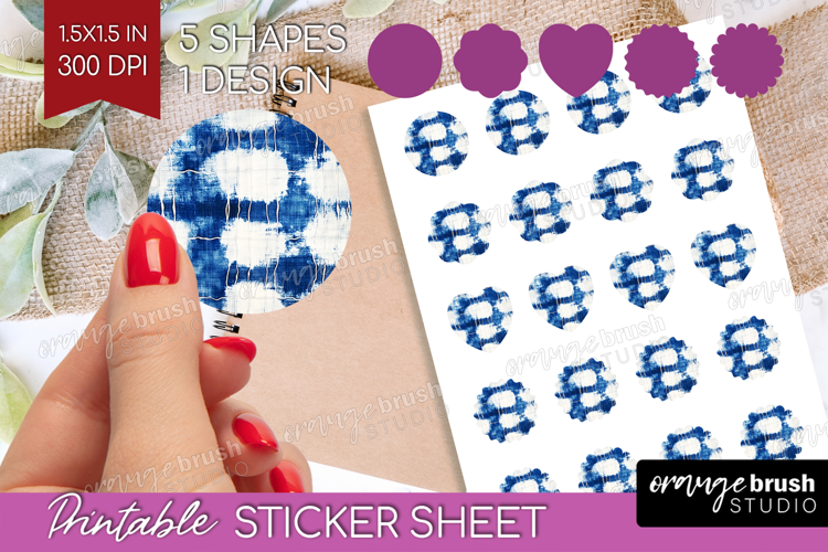 Blue Tie Dye Round Sticker - Shibori Printable Sticker Sheet
