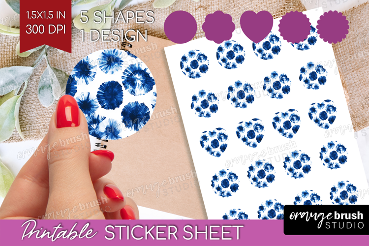 Blue Tie Dye Round Sticker - Shibori Printable Sticker Sheet