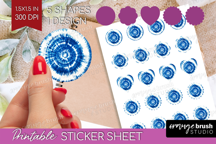 Blue Tie Dye Round Sticker - Shibori Printable Sticker Sheet