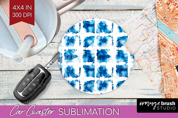 Blue Tie Dye Car Coaster - Shibori Coaster PNG Sublimation example image 1