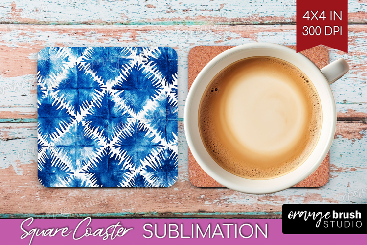 Blue Tie Dye Square Coaster - Shibori Coaster PNG